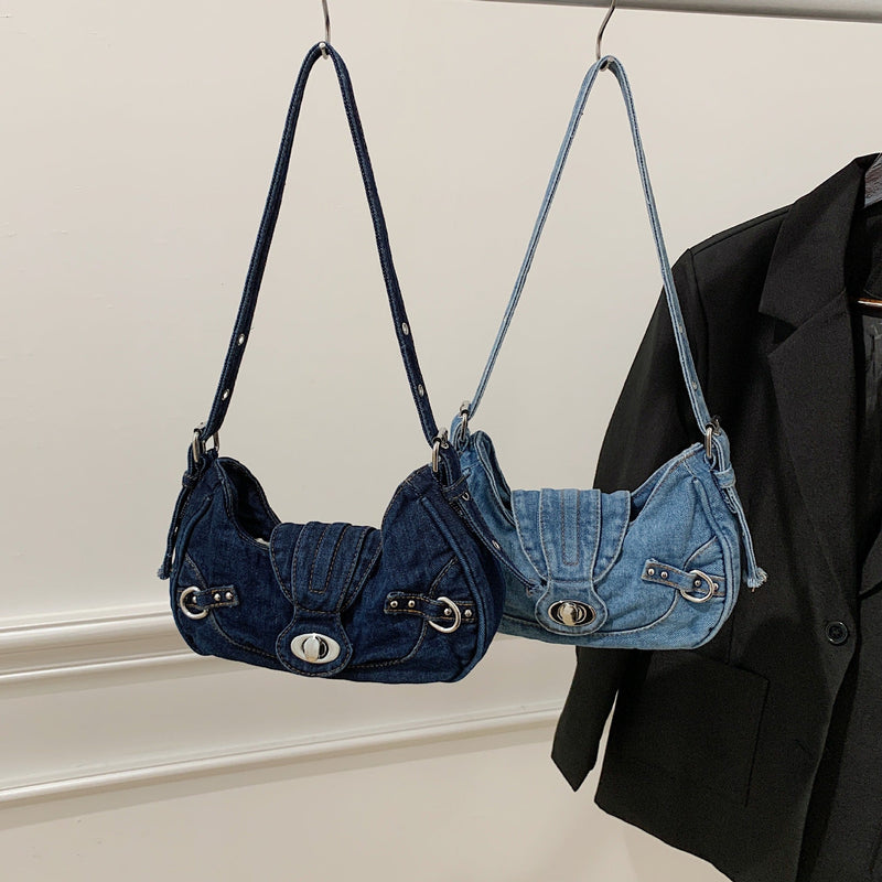 Retro Denim Shoulder Bag Women Lock Personality Splicing Handbag