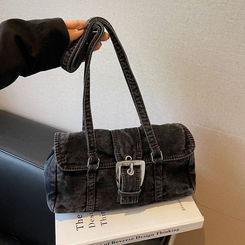 Retro Washed Denim Shoulder Bag - Large Capacity Commuter Bag