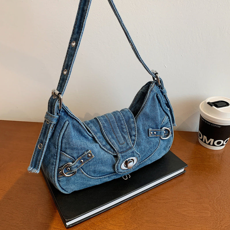 Retro Denim Shoulder Bag Women Lock Personality Splicing Handbag