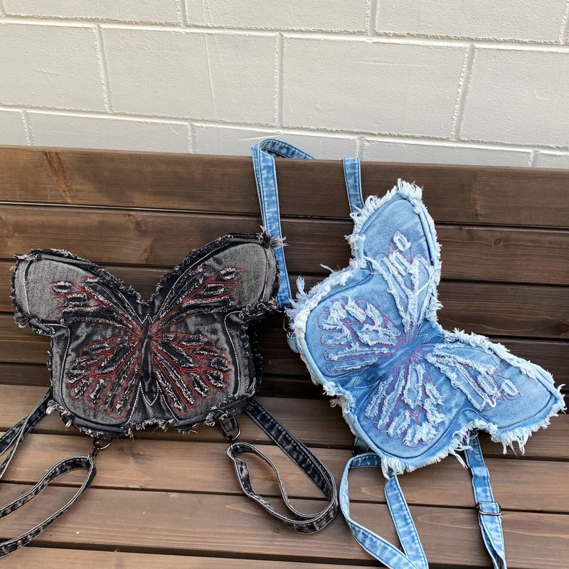 Retro Embroidered Letter Bow Backpack Washed Denim Large Capacity