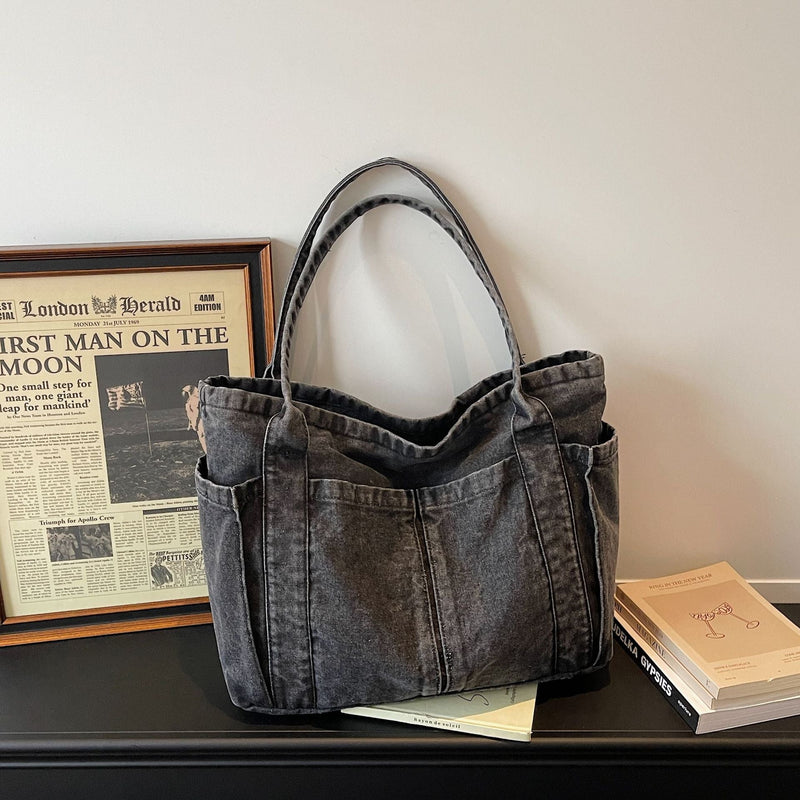 Retro Denim Tote Bag - Large Capacity, Literary Style