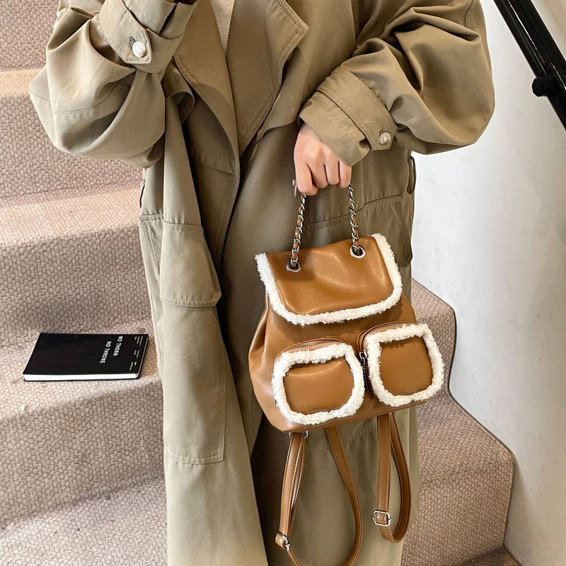 Retro Contrast Color Plush Backpack Fashionable Large Capacity