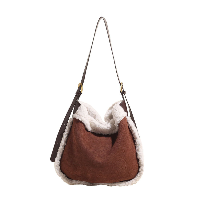 Vintage Wind Matte Deerskin Fleece Fluffy Bucket Bag Commuter Large Capacity Shoulder Bag Niche Lazy Messenger Bag