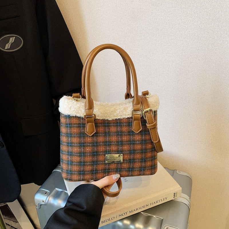 Retro Plaid Plush Mini Bucket Shoulder Bag