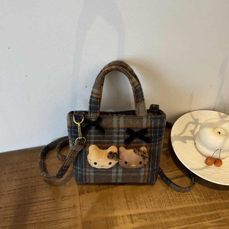 Retro Plaid Cartoon Kitten Bucket Bag