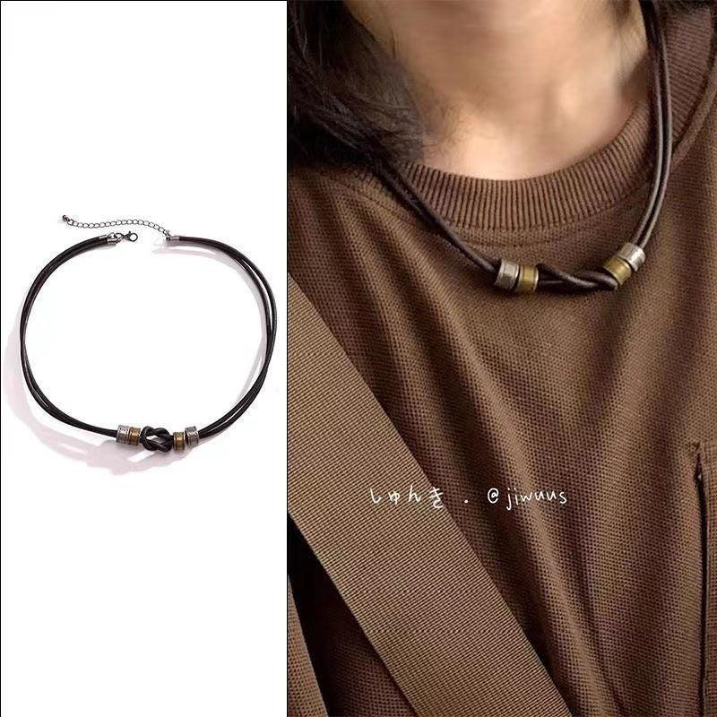 Vintage Knotted Leather Ring Necklace