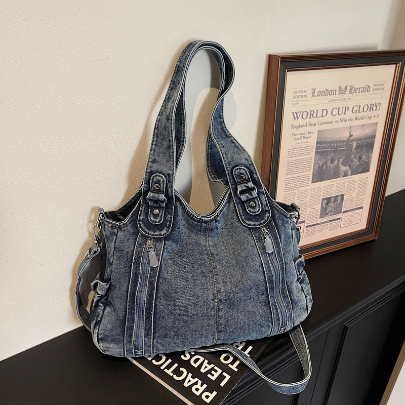 Retro Denim Messenger Bag Large Capacity Commuting Tote