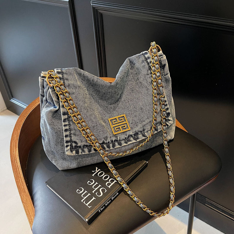Versatile Denim Shoulder Bag Large Capacity Commuter Handbag