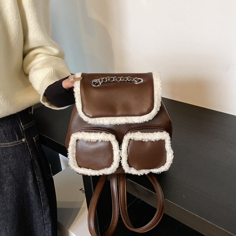 Retro Contrast Color Plush Backpack Fashionable Large Capacity