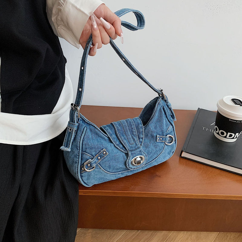 Retro Denim Shoulder Bag Women Lock Personality Splicing Handbag