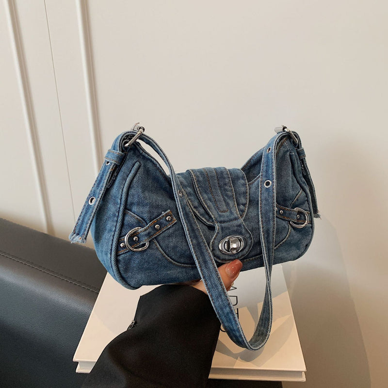 Retro Denim Shoulder Bag Women Lock Personality Splicing Handbag