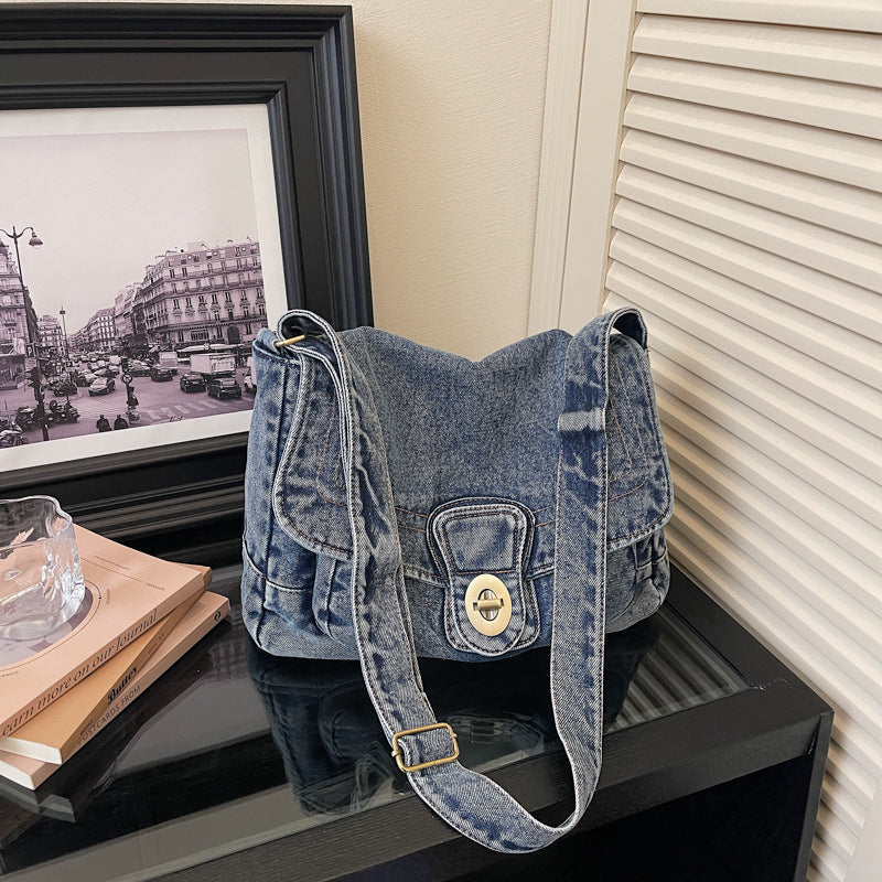 Retro Denim Shoulder Bag Large Capacity Commuter Messenger Bag