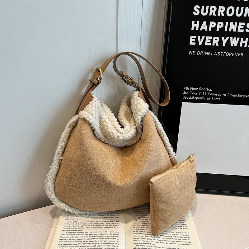 Vintage Wind Matte Deerskin Fleece Fluffy Bucket Bag Commuter Large Capacity Shoulder Bag Niche Lazy Messenger Bag
