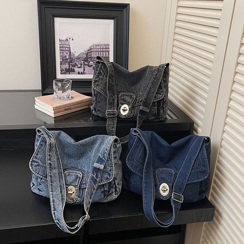 Retro Denim Shoulder Bag Large Capacity Commuter Messenger Bag