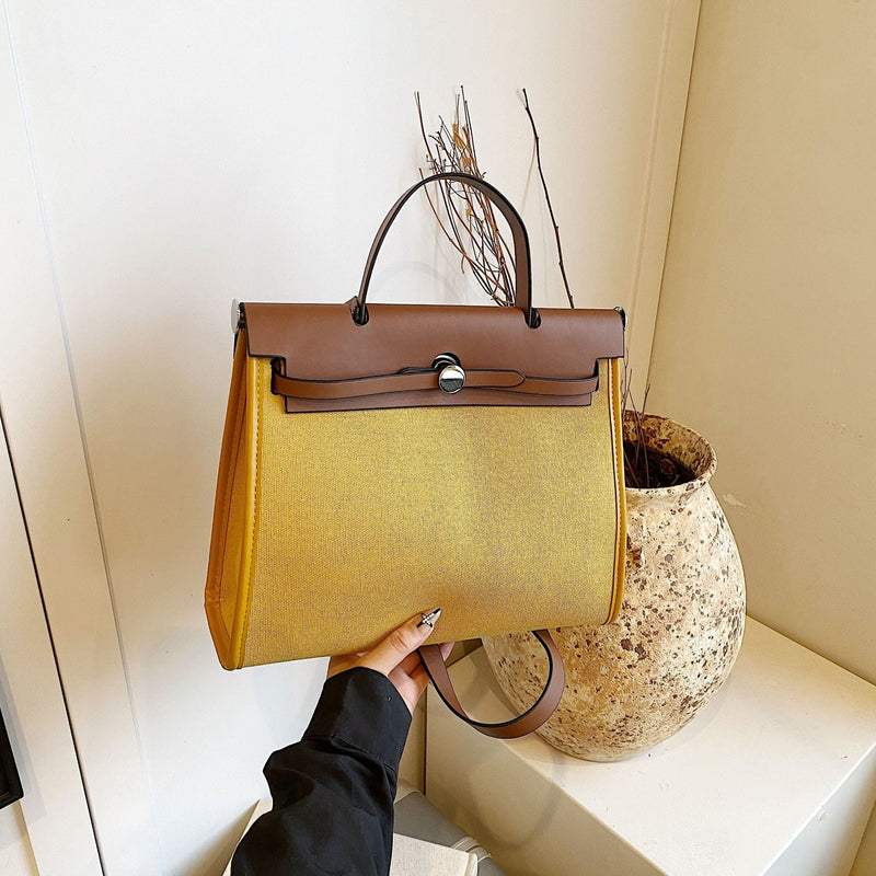 High-End Canvas Splicing Kelly Bag Large-Capacity Shoulder Bag