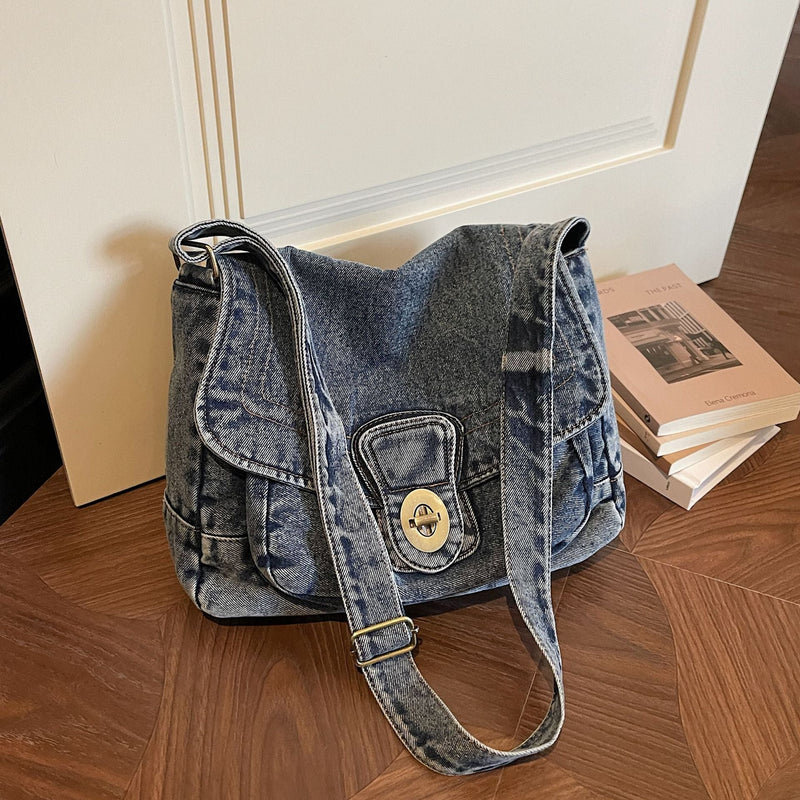 Retro Denim Shoulder Bag Large Capacity Commuter Messenger Bag