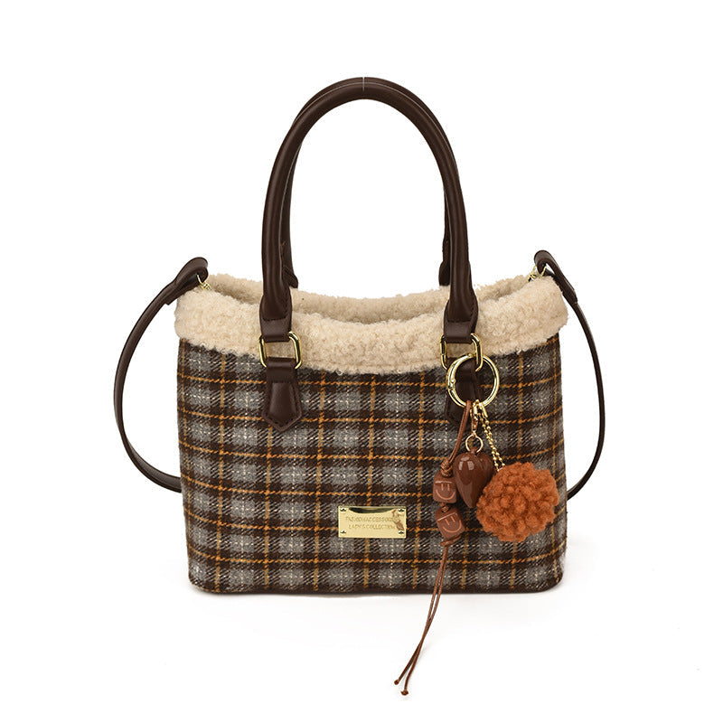 Retro Plaid Plush Mini Bucket Shoulder Bag