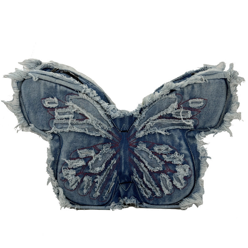 Retro Embroidered Letter Bow Backpack Washed Denim Large Capacity