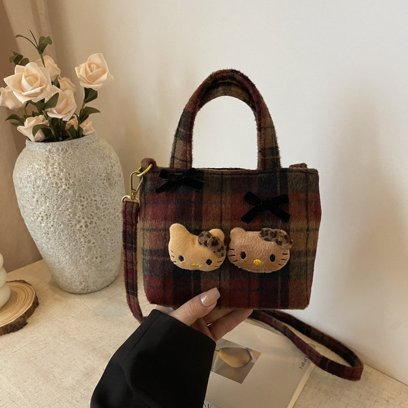 Retro Plaid Cartoon Kitten Bucket Bag