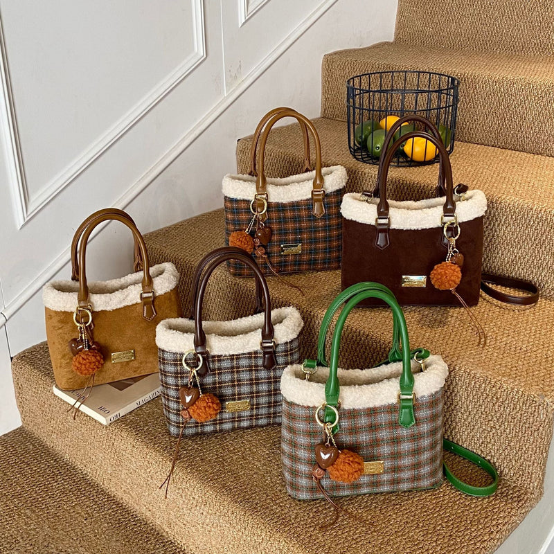 Retro Plaid Plush Mini Bucket Shoulder Bag