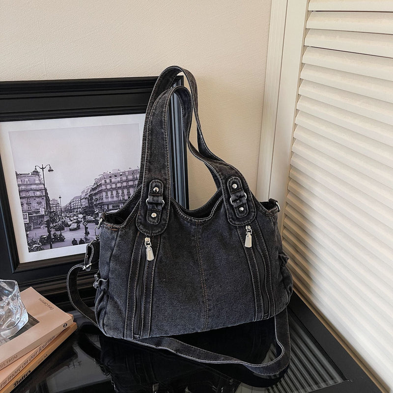 Retro Denim Messenger Bag Large Capacity Commuting Tote