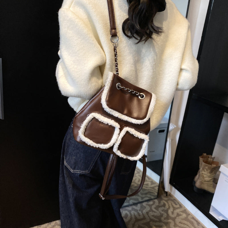 Retro Contrast Color Plush Backpack Fashionable Large Capacity