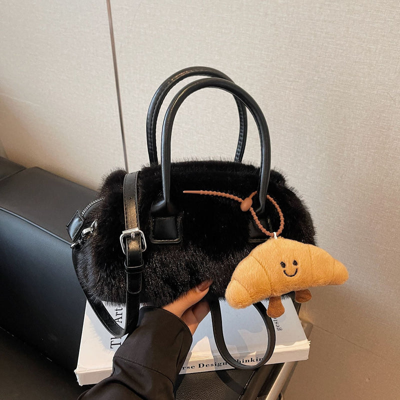 Contrast Color Plush Handbag Women Fashion Shoulder Bag
