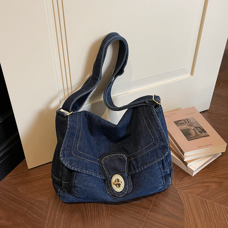 Retro Denim Shoulder Bag Large Capacity Commuter Messenger Bag