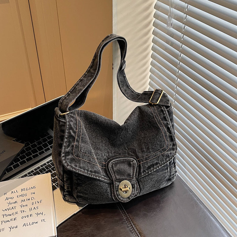 Retro Denim Shoulder Bag Large Capacity Commuter Messenger Bag