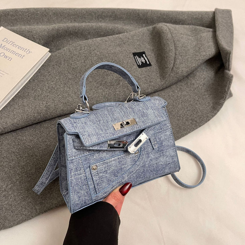 Premium Splicing Kelly Bag Women's Lock Denim Shoulder Bag