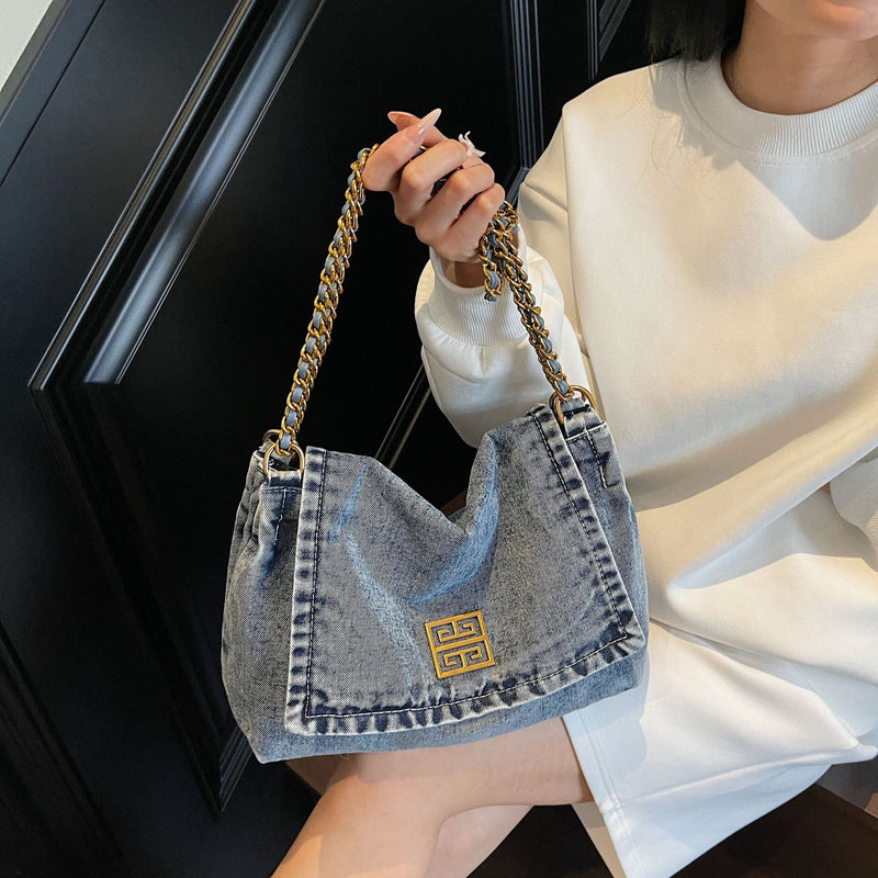 Versatile Denim Shoulder Bag Large Capacity Commuter Handbag