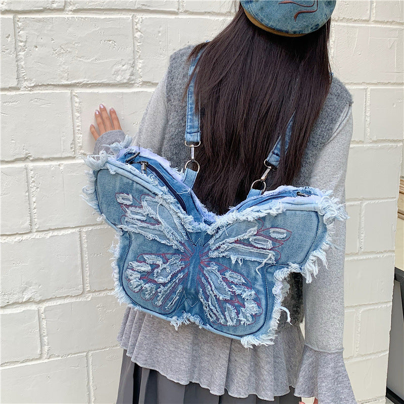 Retro Embroidered Letter Bow Backpack Washed Denim Large Capacity