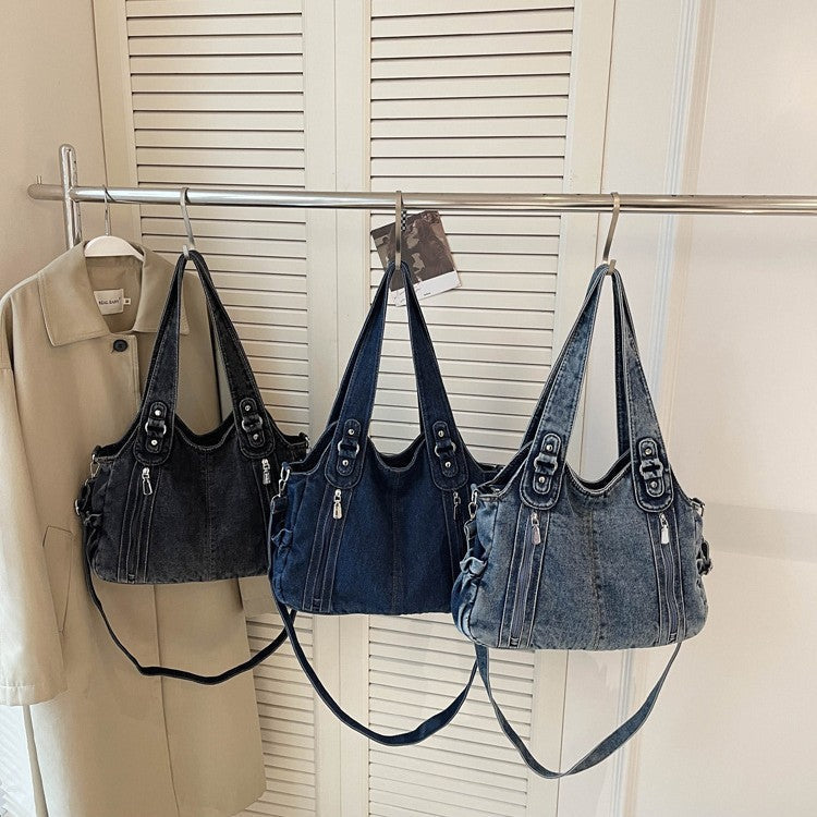 Retro Denim Messenger Bag Large Capacity Commuting Tote