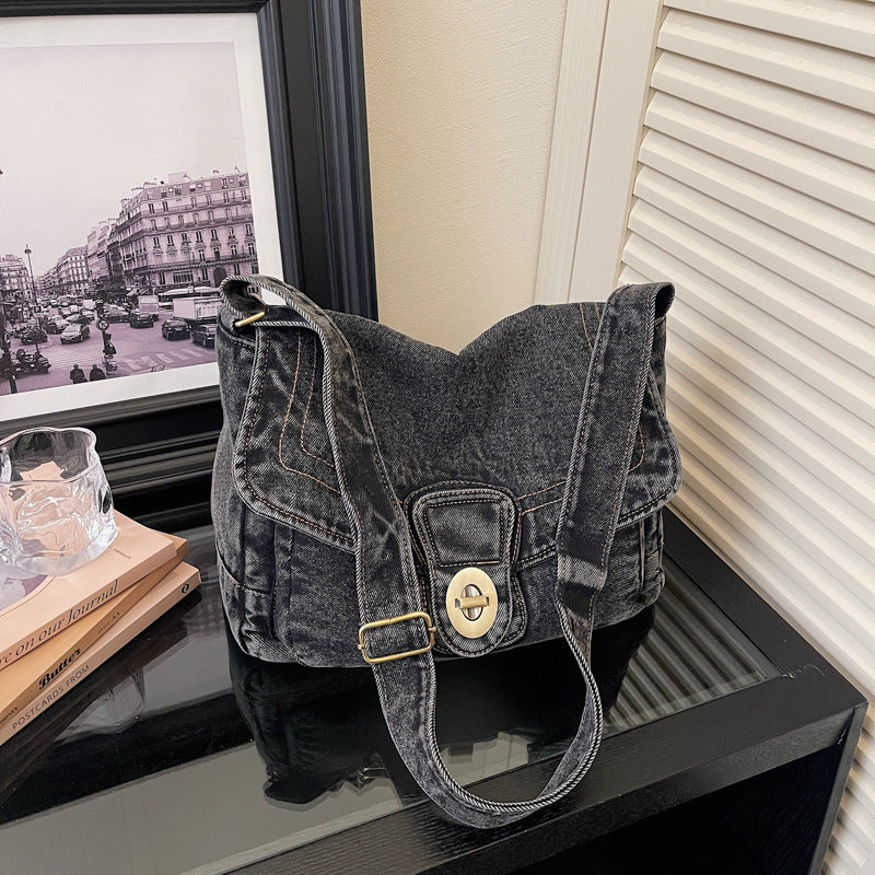 Retro Denim Shoulder Bag Large Capacity Commuter Messenger Bag