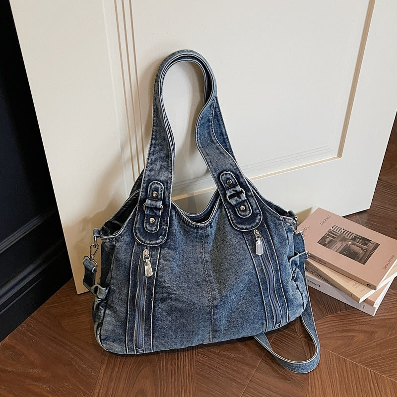 Retro Denim Messenger Bag Large Capacity Commuting Tote