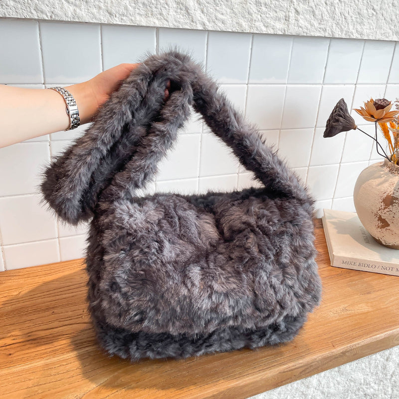 Trendy Plush Square Bag with Flip Cover, Fluffy Messenger Bag for Women