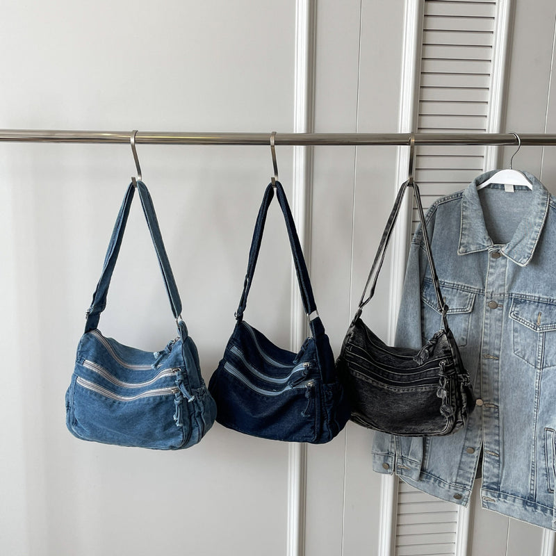 Plaid Denim Shoulder Bag for Women Spring Summer Large-Capacity Messenger Bag