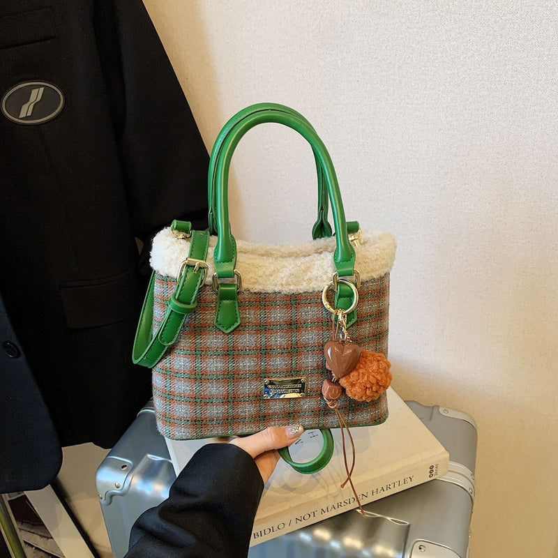 Retro Plaid Plush Mini Bucket Shoulder Bag