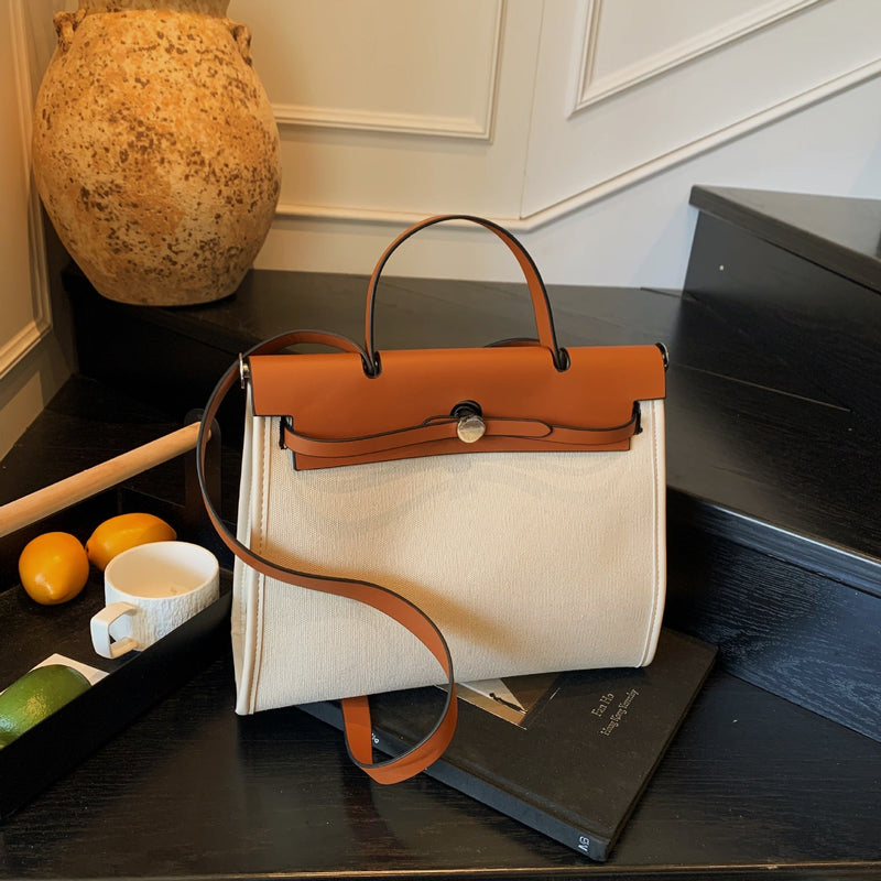 High-End Canvas Splicing Kelly Bag Large-Capacity Shoulder Bag