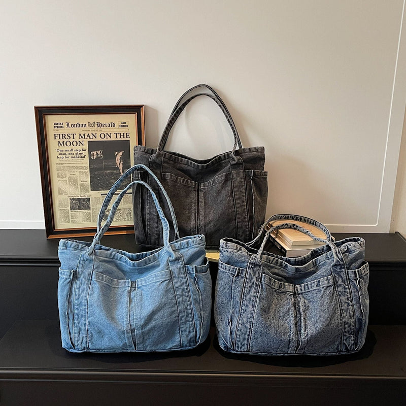 Retro Denim Tote Bag - Large Capacity, Literary Style