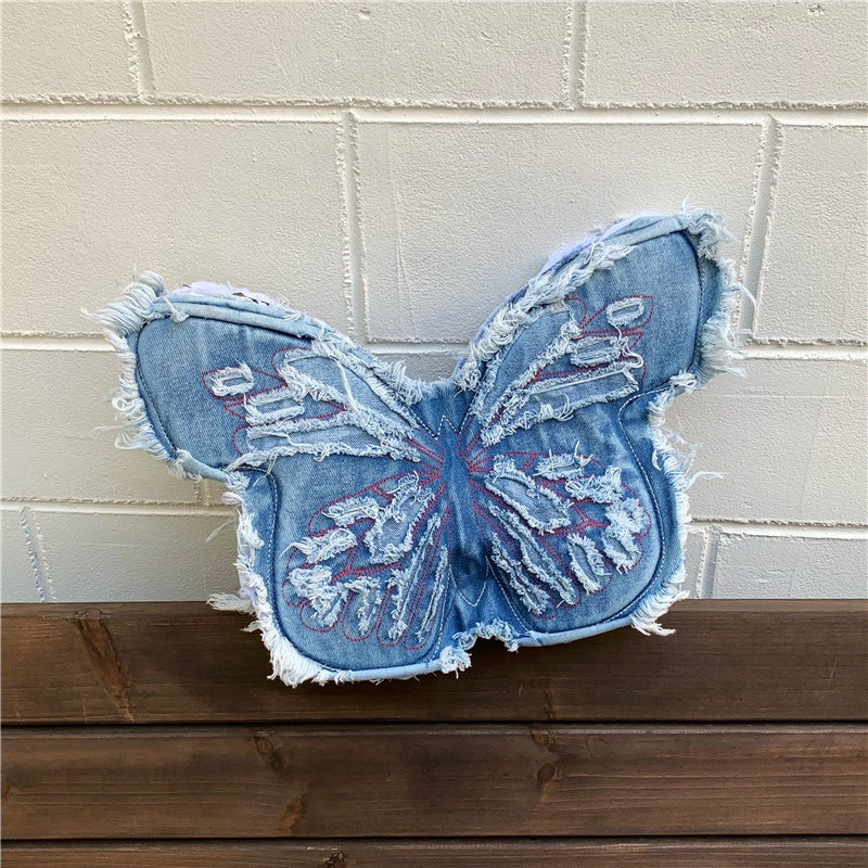 Retro Embroidered Letter Bow Backpack Washed Denim Large Capacity