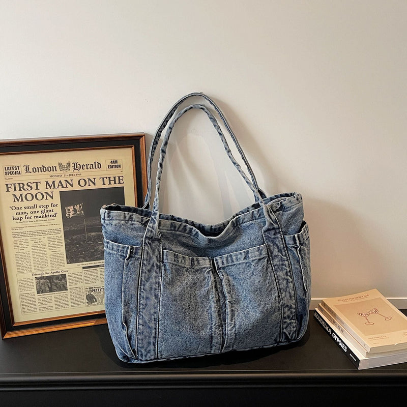 Retro Denim Tote Bag - Large Capacity, Literary Style