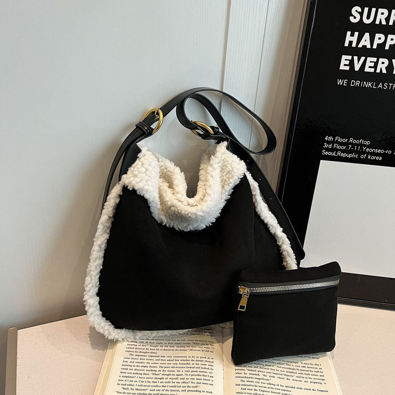Vintage Wind Matte Deerskin Fleece Fluffy Bucket Bag Commuter Large Capacity Shoulder Bag Niche Lazy Messenger Bag