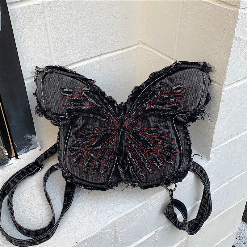 Retro Embroidered Letter Bow Backpack Washed Denim Large Capacity