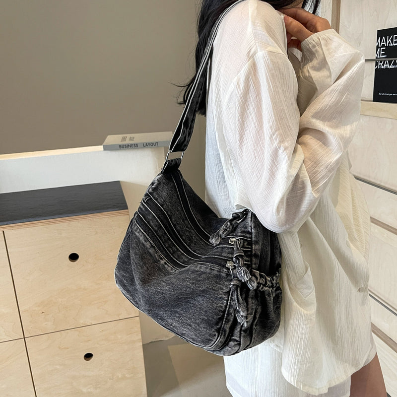 Plaid Denim Shoulder Bag for Women Spring Summer Large-Capacity Messenger Bag