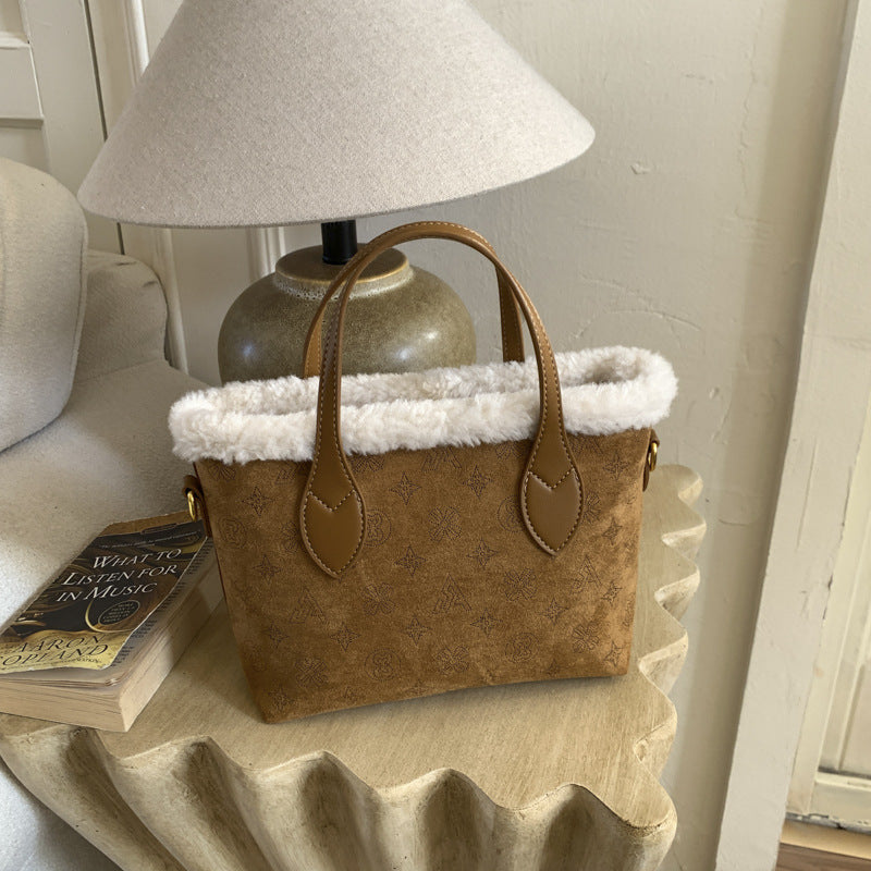 Retro Plush Bucket Bag Large Capacity Women's Light Luxury Handbag