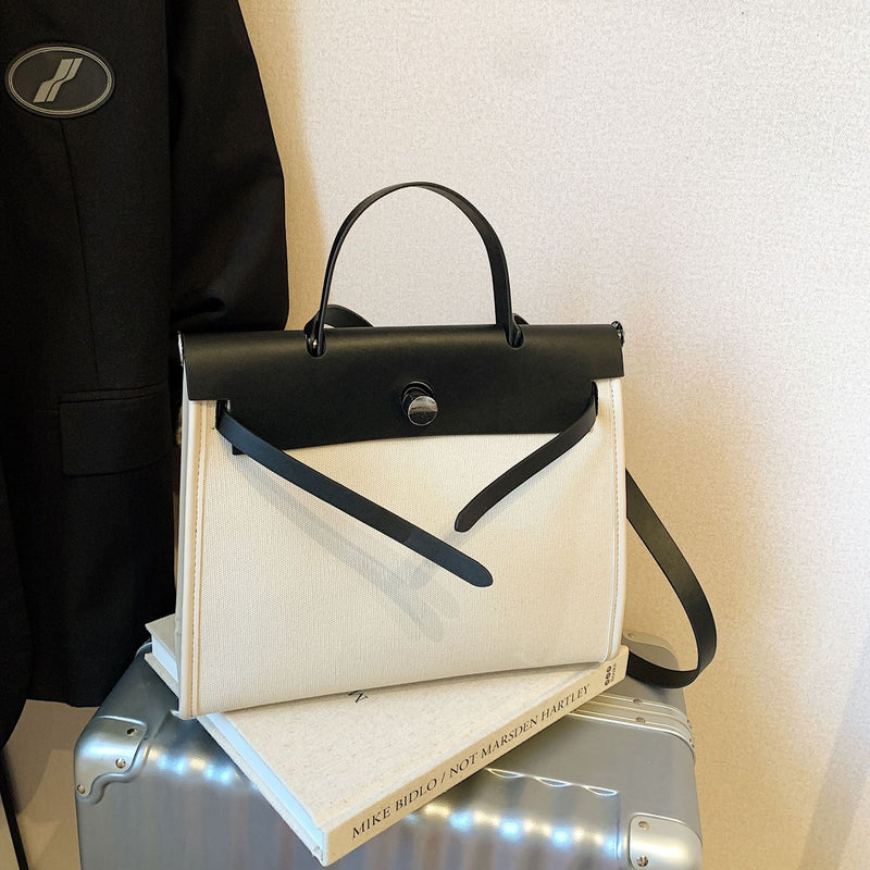High-End Canvas Splicing Kelly Bag Large-Capacity Shoulder Bag