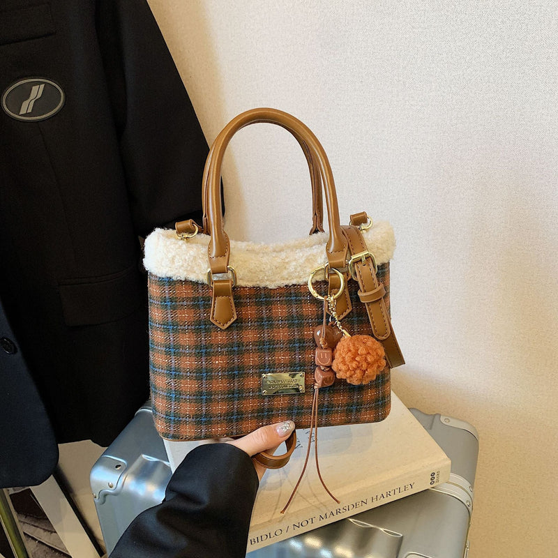 Retro Plaid Plush Mini Bucket Shoulder Bag