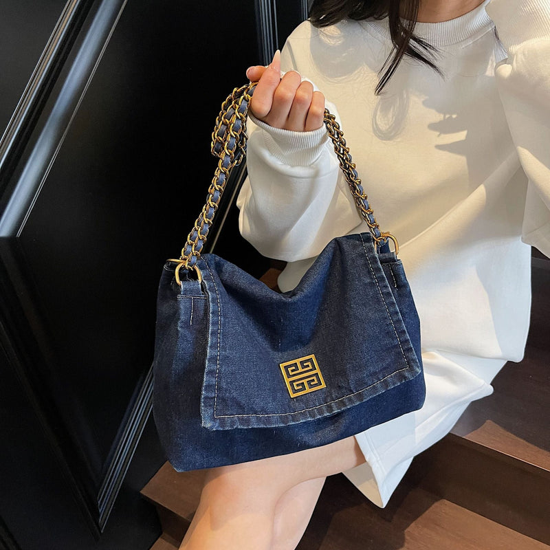 Versatile Denim Shoulder Bag Large Capacity Commuter Handbag