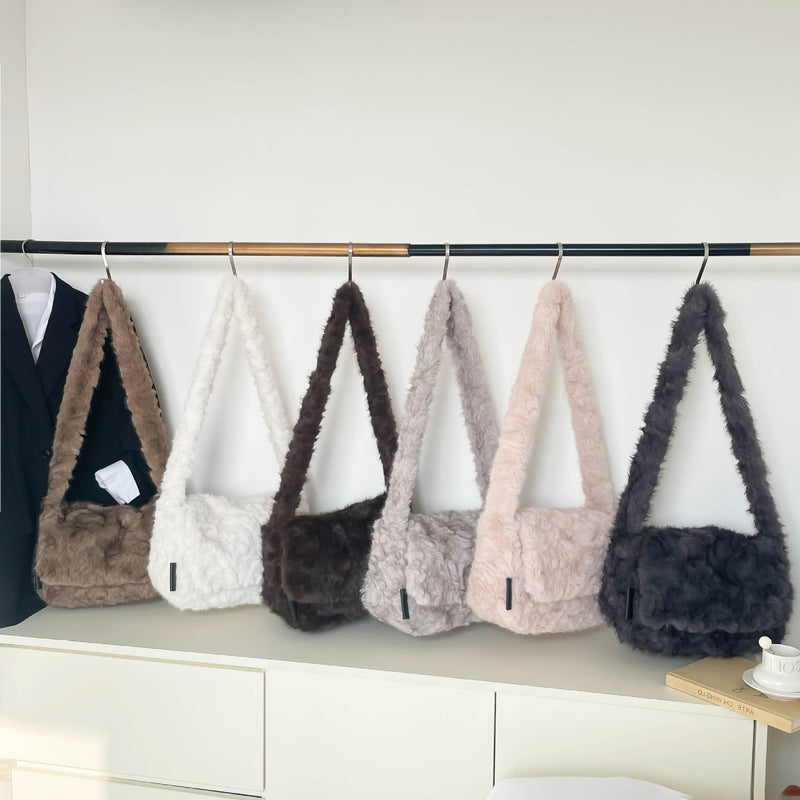 Trendy Plush Square Bag with Flip Cover, Fluffy Messenger Bag for Women